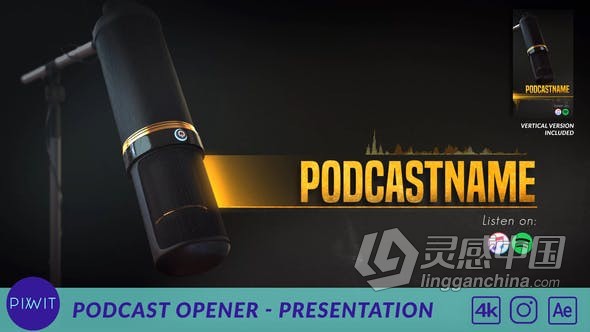 3D麦克风金色炫酷元素配音录音工作室品牌宣传片头 AE模板 AE工程文件 Podcast Opener - Presentation  福风灵感网 www.ffidea.com