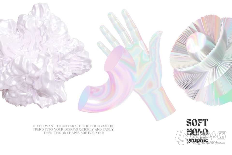 74款酸性艺术全息虹彩渐变纹理抽象3D几何图形PNG素材 Soft Holo Iridescence 3D Shapes  福风灵感网 www.ffidea.com