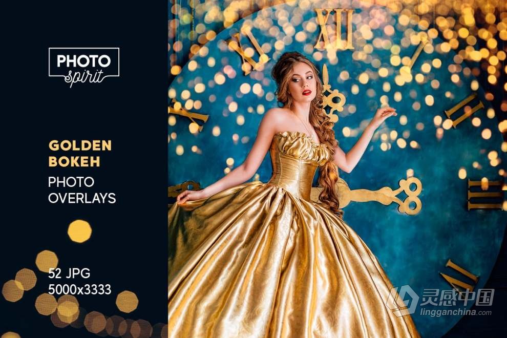 52张金色光斑散景叠加覆盖图片素材+PS动作 Golden Bokeh Photo Overlay Effects  福风灵感网 www.ffidea.com