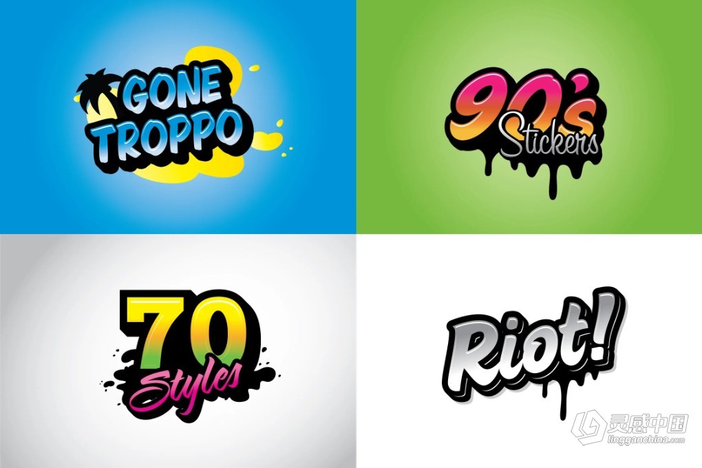 70个时尚彩色渐变阴影背景创意设计Ai文本样式 Funk Graphic Styles  福风灵感网 www.ffidea.com